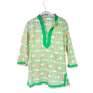 Crown & Ivy Beach 3/4 Length Sleeve Pink/Green Seashell Print V-Neck‎ Tunic XS